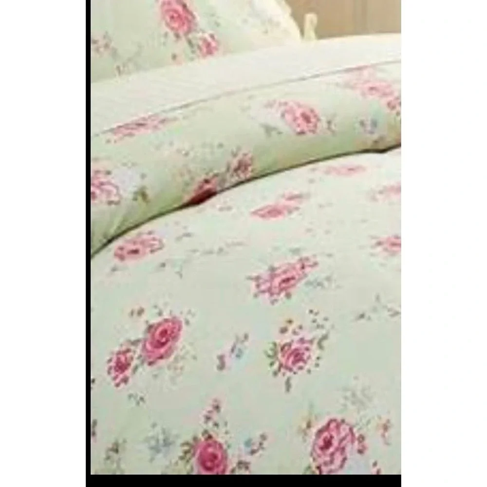 POTTERY BARN Kids Savanah Green Floral Twin Duvet  Pink Roses Flowers Chabbychic